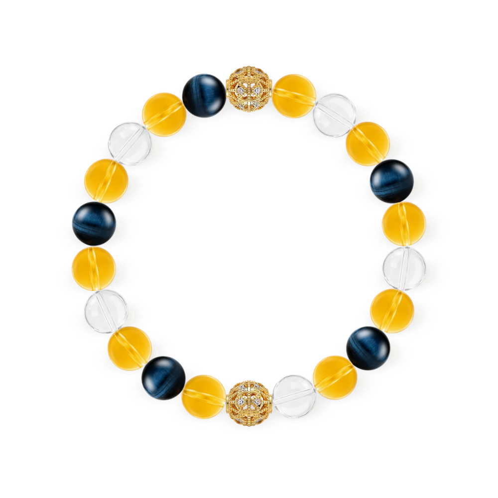 Citrine and blue tiger's eye bracelet with sculptural golden flower spacers