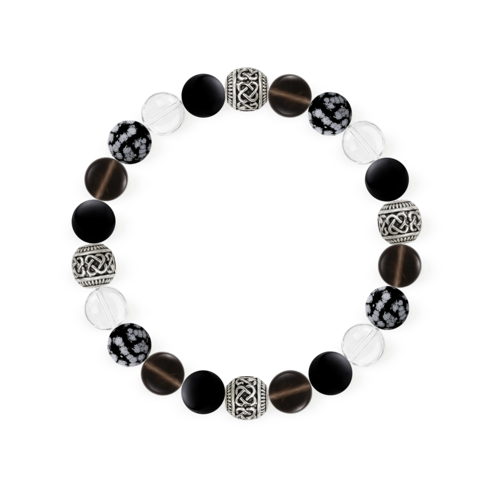Layered obsidian bracelet with four antique silver knot spacers