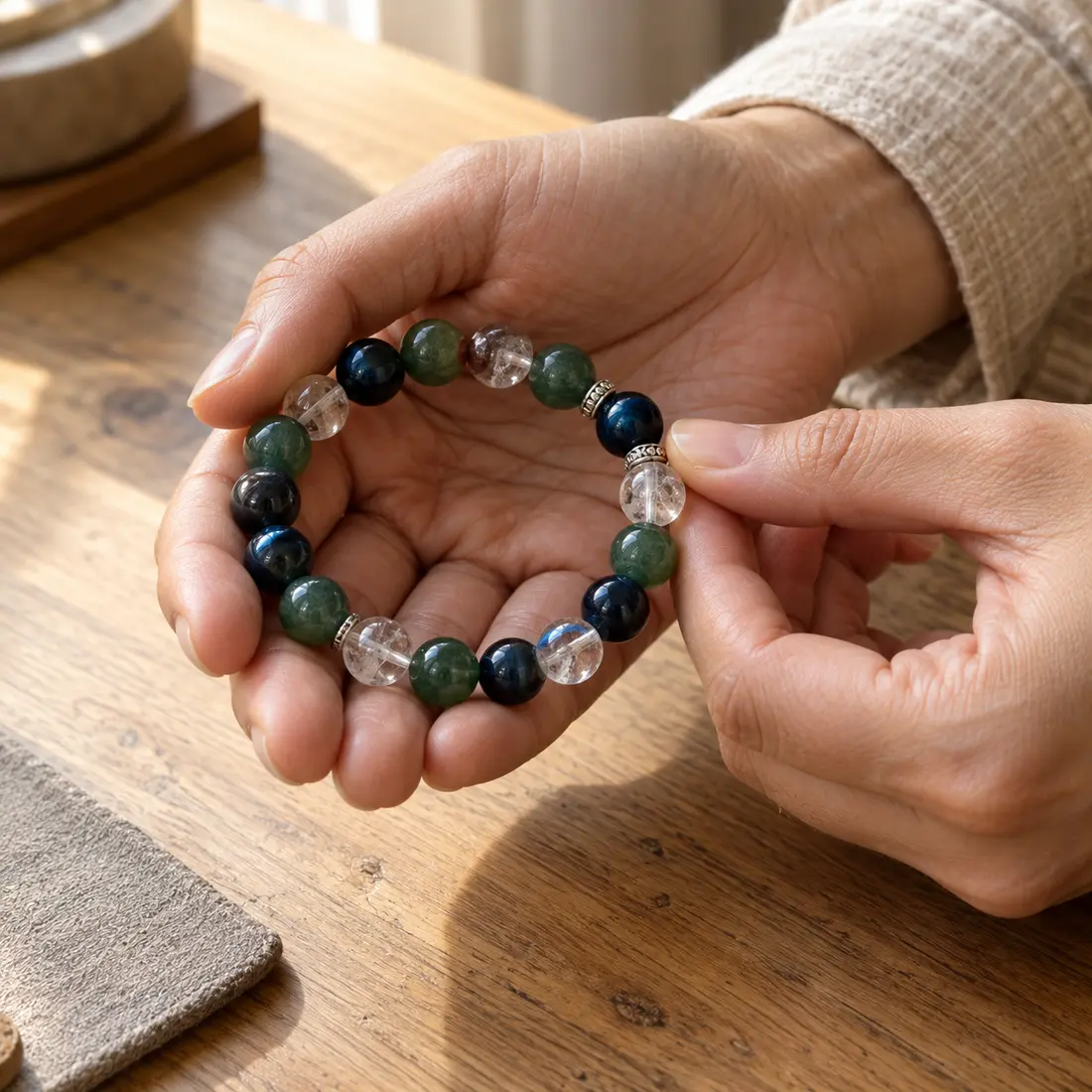 Hands carefully inspecting a green, blue, and clear crystal bead bracelet