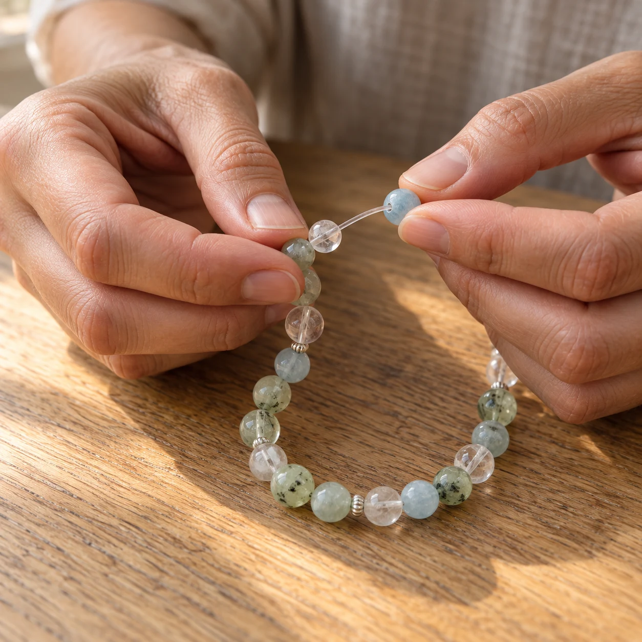 Artisan threading a blue crystal bead onto a bracelet at a wooden worktable