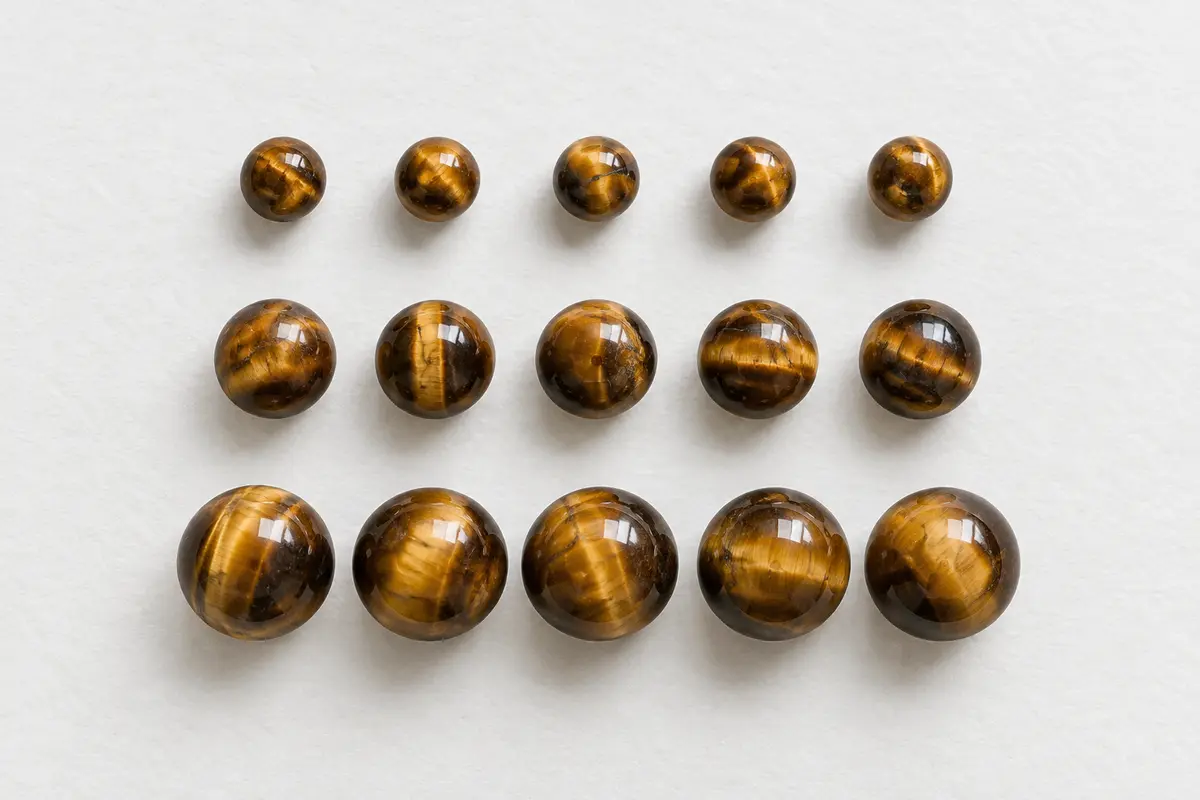 Three rows of golden tiger's eye beads showing small, medium, and large bead sizes
