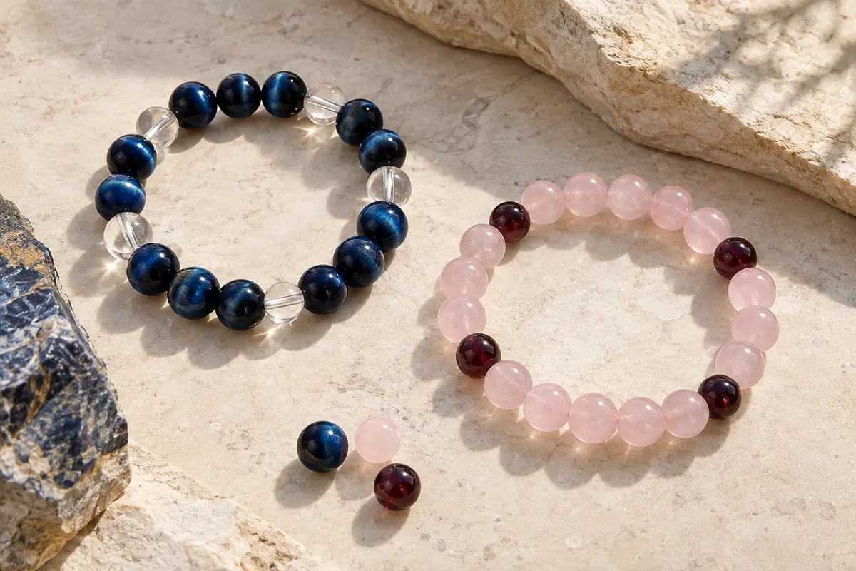 Blue and rose crystal bead bracelets arranged beside loose matching beads