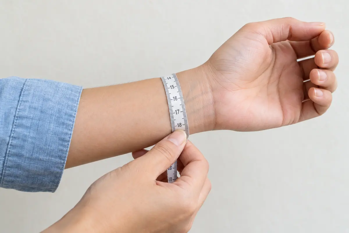 White measuring tape held around a bare wrist to check bracelet fit